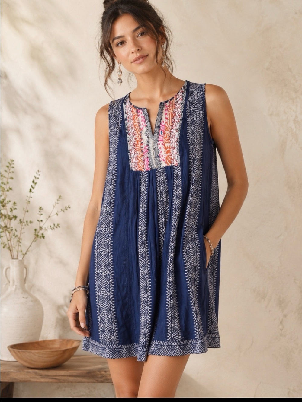 NWT Philosophy Blue Embroidered Cotton Boho Sleeveless Dress Size 1X